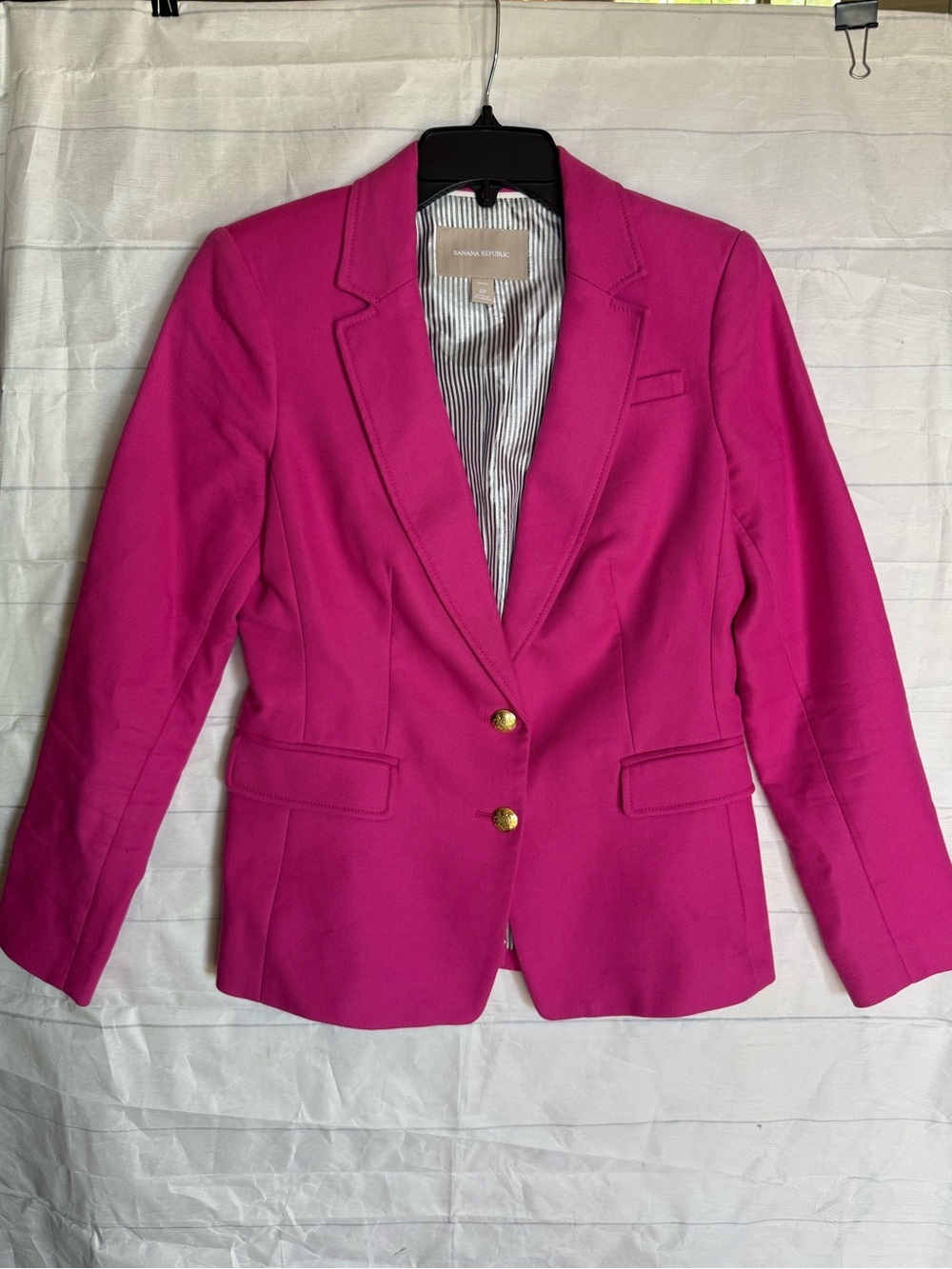 Banana Republic pink blazer with gold button, striped interior lining Petite